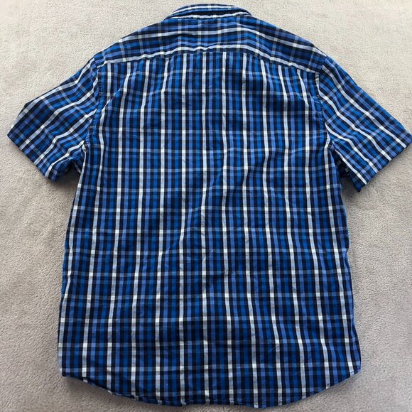 Untuckit Mens Shirt Large Short Sleeve Dark Blue Check Button Up Classic Casual - Picture 11 of 11